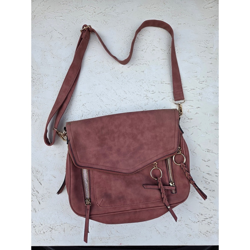 Sam Moon Mauve Faux Suede Crossbody Bag Multi Pocket Foldover Flap Messenger
